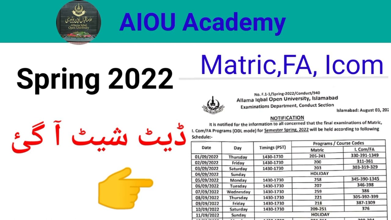 Aiou Date sheet  Spring 2022 || Matric FA Icom date sheet