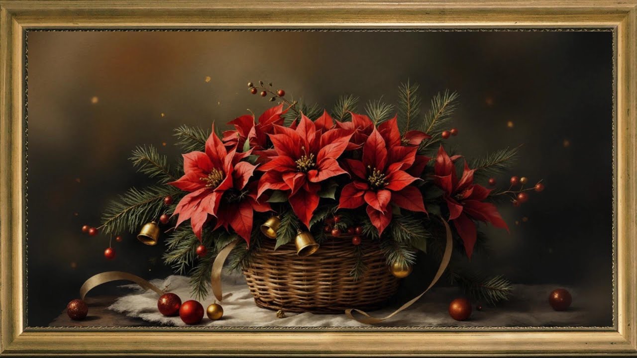 Golden Glow of Christmas | Vintage Poinsettia Basket | Elegant Winter Floral Ambient  Art Frame TV