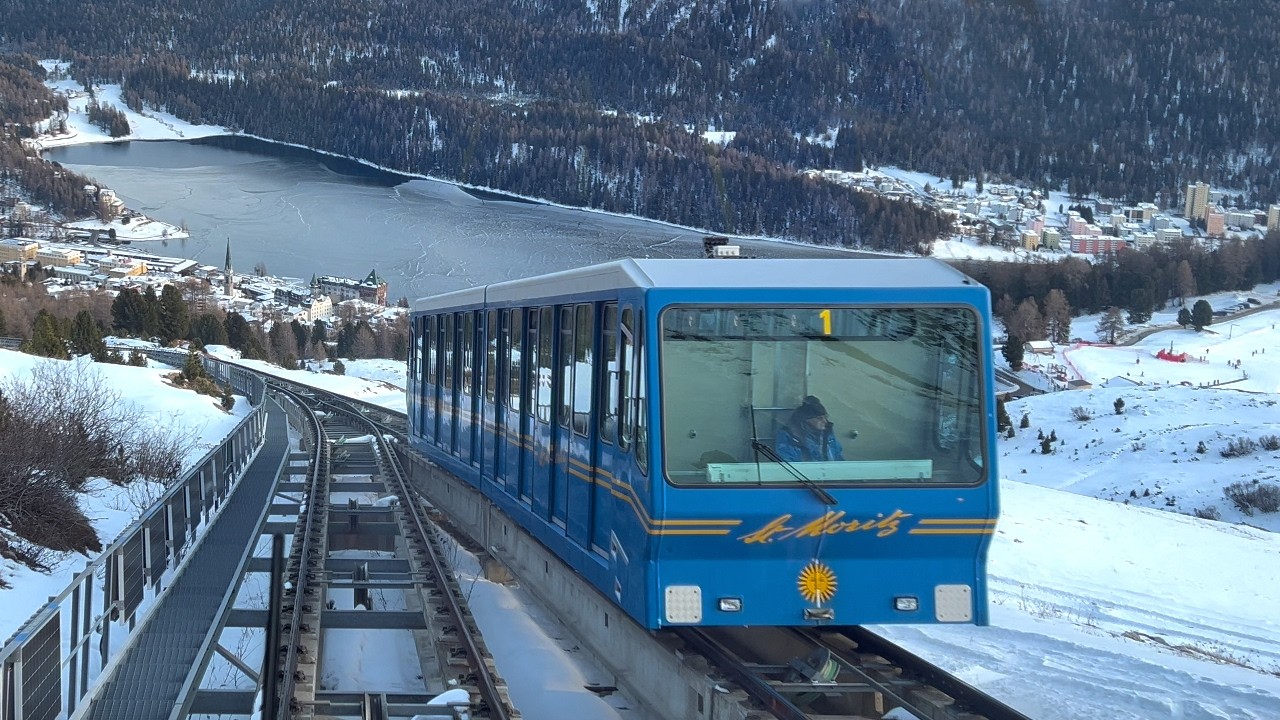 Winter Funicular Ride to St. Moritz ❄️ Swiss Snow Switzerland 🇨🇭 Corviglia 4K HDR