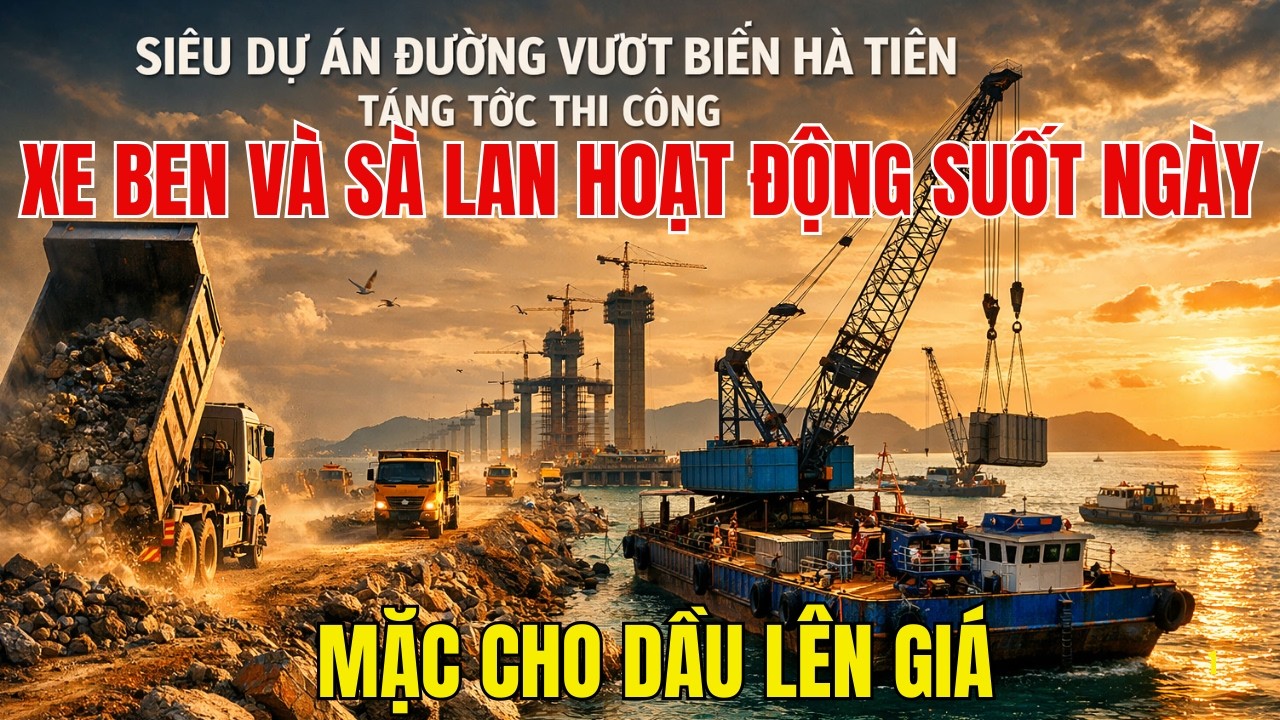Siêu Dự Án Đường Vượt Biển Hà Tiên Tăng Tốc Thi Công, Xe Ben Và Sà Lan Hoạt Động Suốt Ngày
