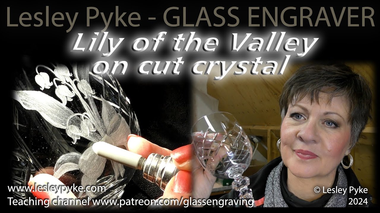 Simple glass engraving tuition for beginners - Lily of the valley and bow on wine glass.