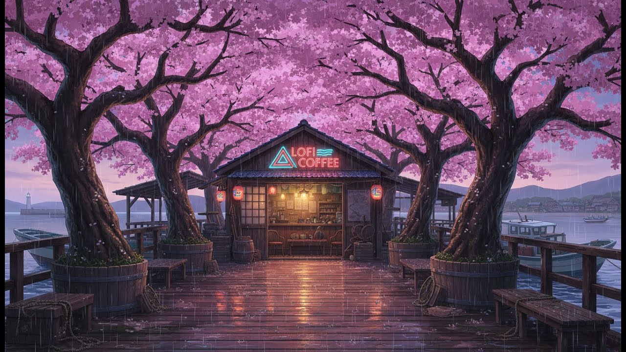 🌧️ Gentle Rain Lofi Study Music by the Sea ☕🌸 Neon Sakura Coffee Pier
