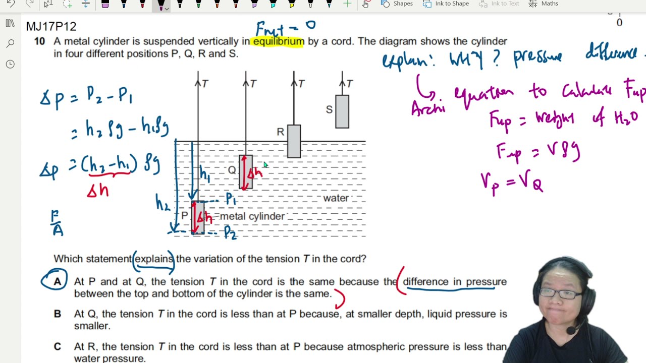 4.4b Ex2 MJ17 P12 Q10 Tension on Submerged Cylinder | AS Pressure | Cambridge A Level 9702 Physics