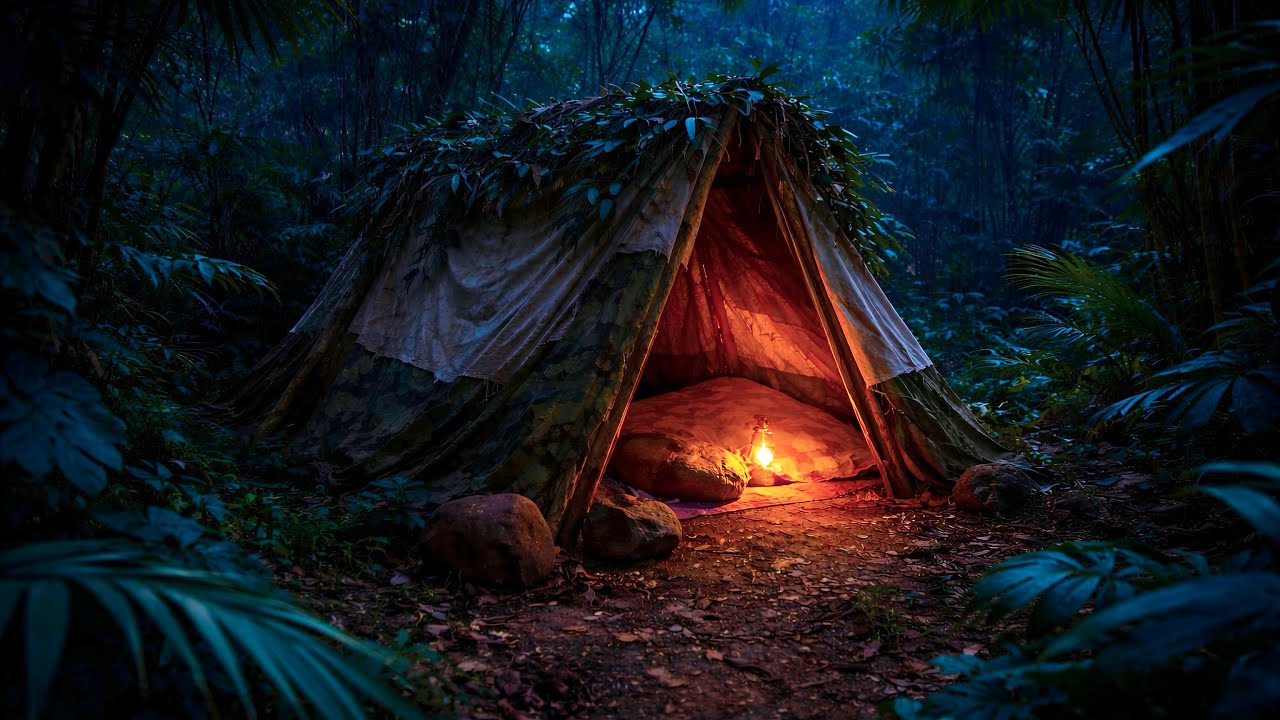 Primitive Shelter in a Remote Forest | Wild Herb Survival Cooking