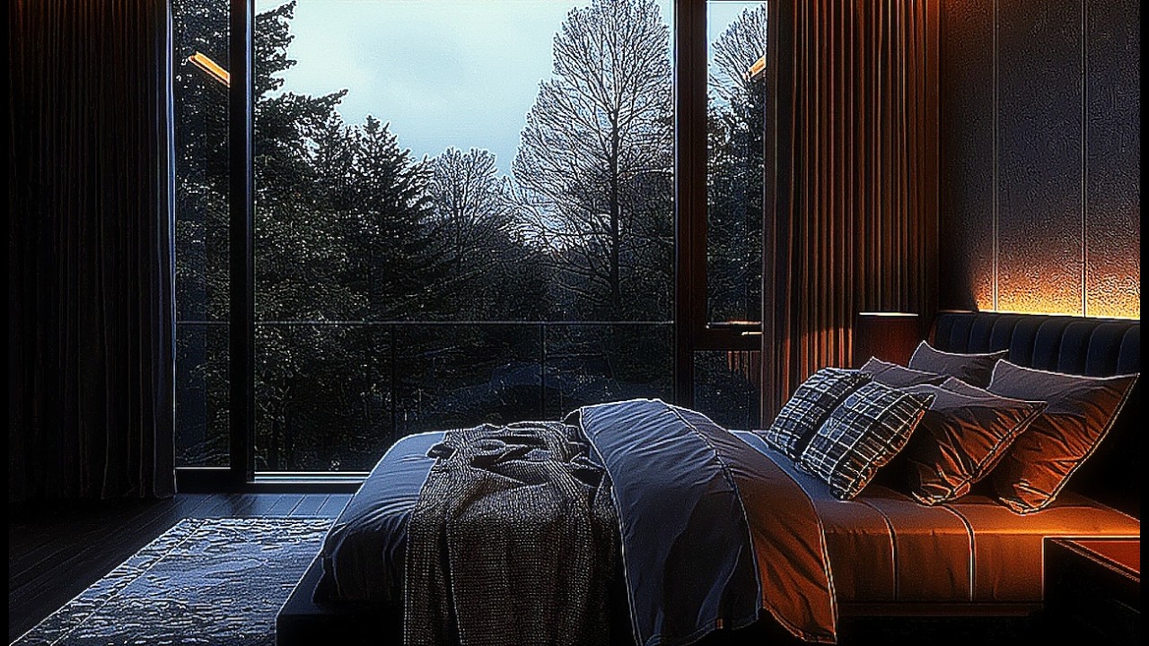 Cozy Night Bedroom with Warm Lights and Wide Window