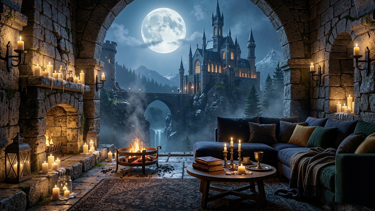 Calm Medieval Castle Night Ambience | Crackling Fire, Crickets, Owl Sounds, Nature Sounds