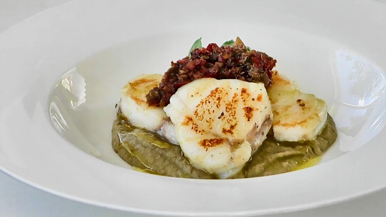 Italian Food Recipes. Monkfish with Cream of Eggplant and Tapenade