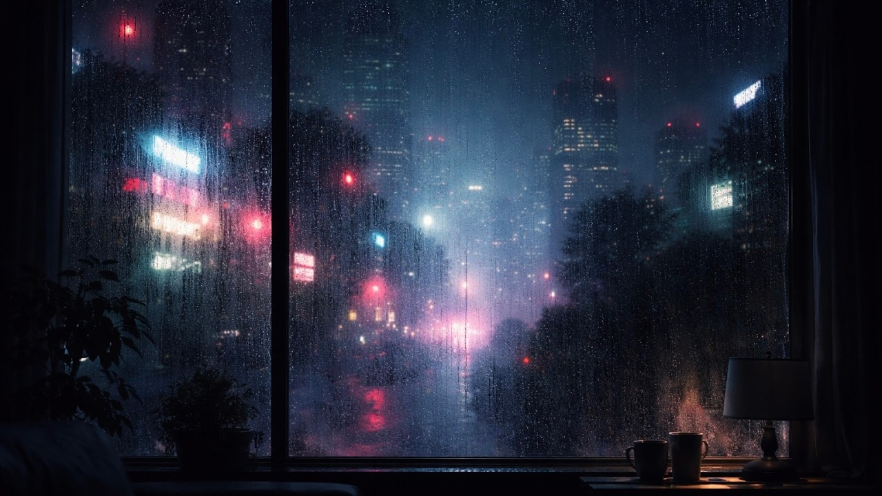 Rain on the Window at Midnight | Soft City Lights Ambience | Sleep • Study • Focus | No Music