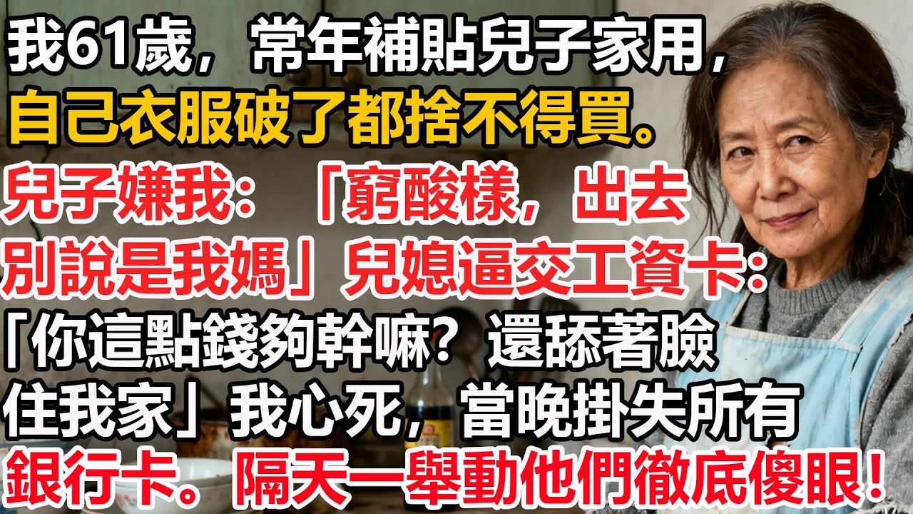 【我61歲】常年補貼兒子家用，自己衣服破了都捨不得買。兒子嫌我：「窮酸樣，出去別說是我媽」兒媳逼交工資卡：「你這點錢夠幹嘛？還舔著臉住我家」我心死，當晚掛失所有銀行卡。隔天一舉動他們徹底傻眼！