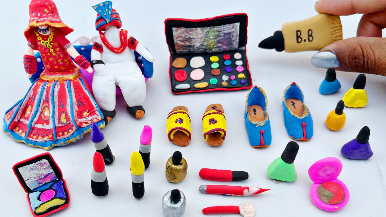DIY How To Make Polymer Clay Miniature Makeup Set With lipstick, shoes, eyeshadow, Red dress 