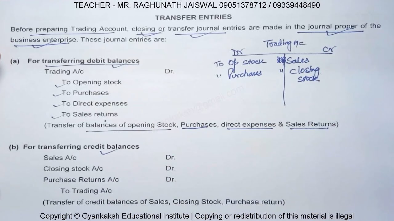 Transfer entries of trading account | transfer entry trading account | financial statements