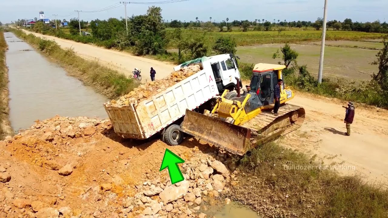 Incredible Landfill! Mix Dump Truck 25ton Back Uploading overturned into canal water dozer Komats...