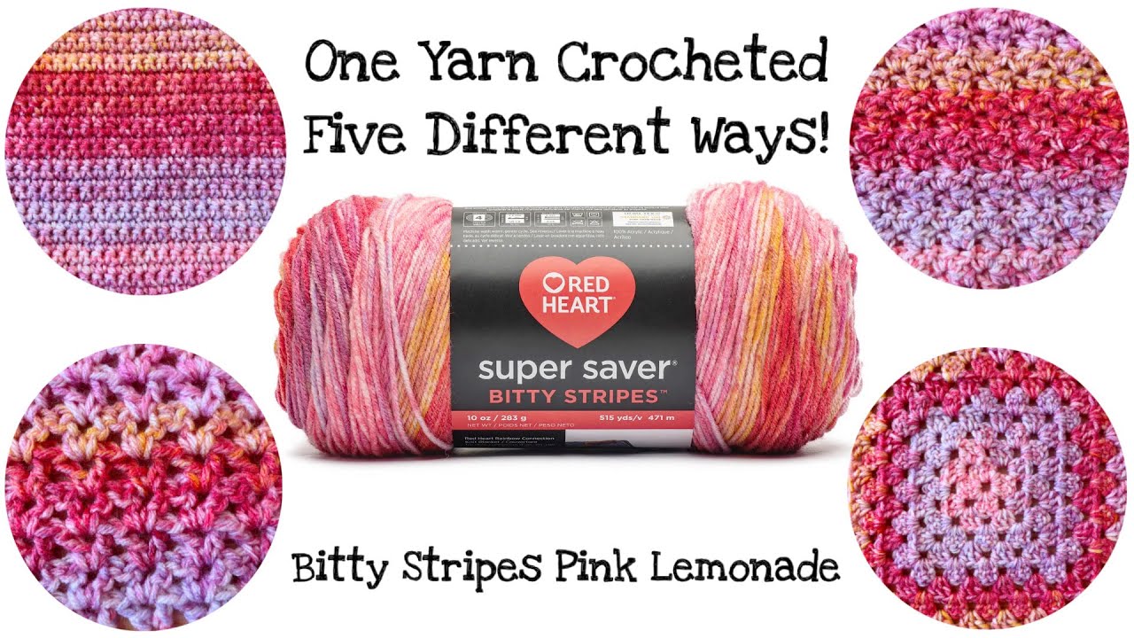One Yarn Crocheted Five Different Ways! Red Heart Bitty Stripes Pink Lemonade! It Looks So Different