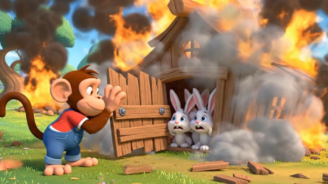 Brave Baby Monkey Saves a Rabbit Family from a Burning Wooden House | Kids Storytime