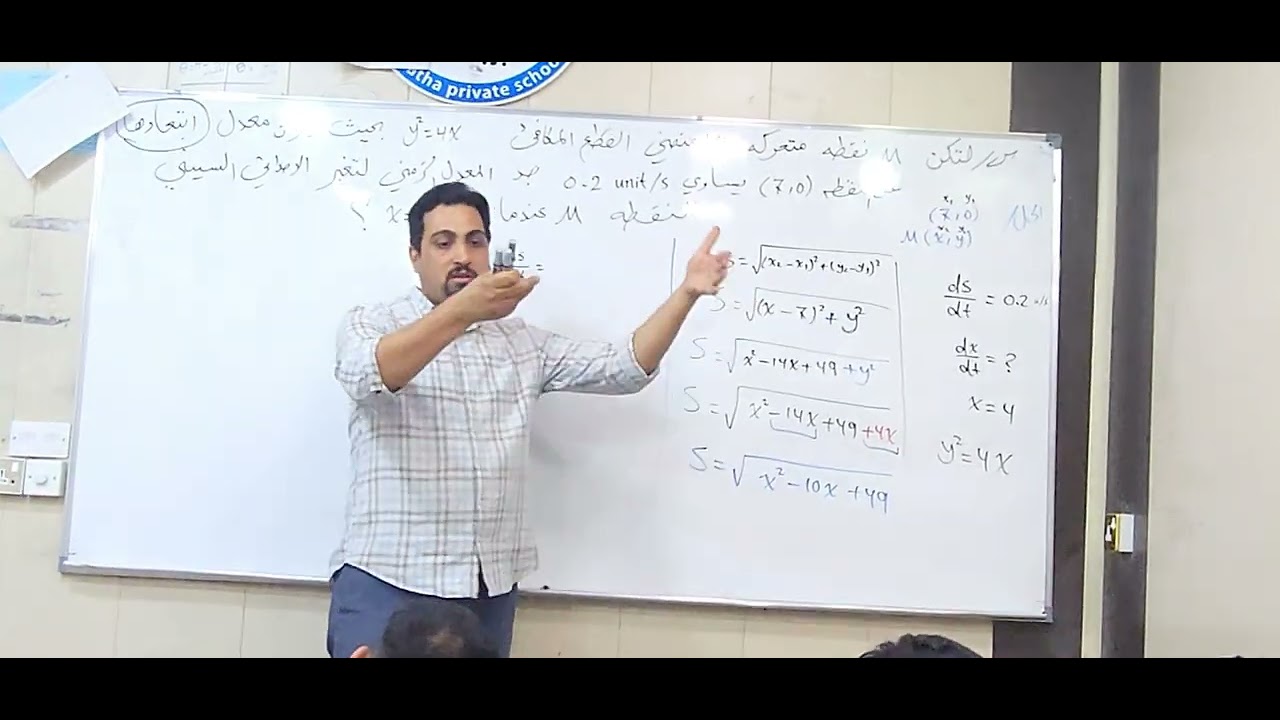 ايجاد النقط بالمعدلات الزمنيه عندما يذكر ابتعاد نقطه متحركه على منحني القطع المكافئ عن نقطه معلومه