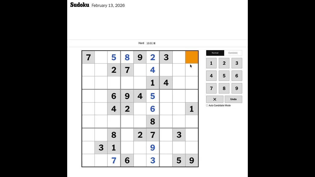 New York Times Sudoku Hard Solution for February 13, 2026: Solving without Markings
