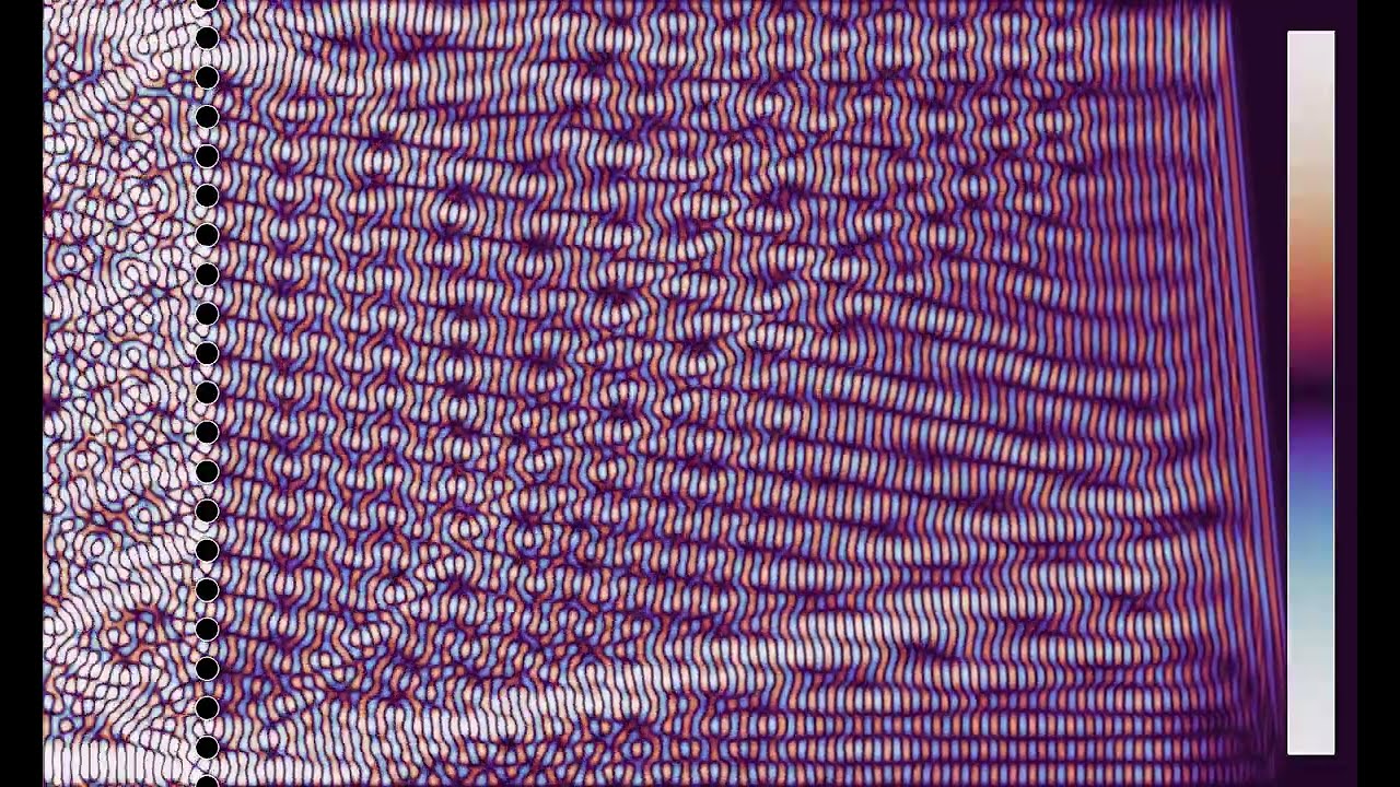 A linear wave hitting a diffraction grating 2: slightly larger angle