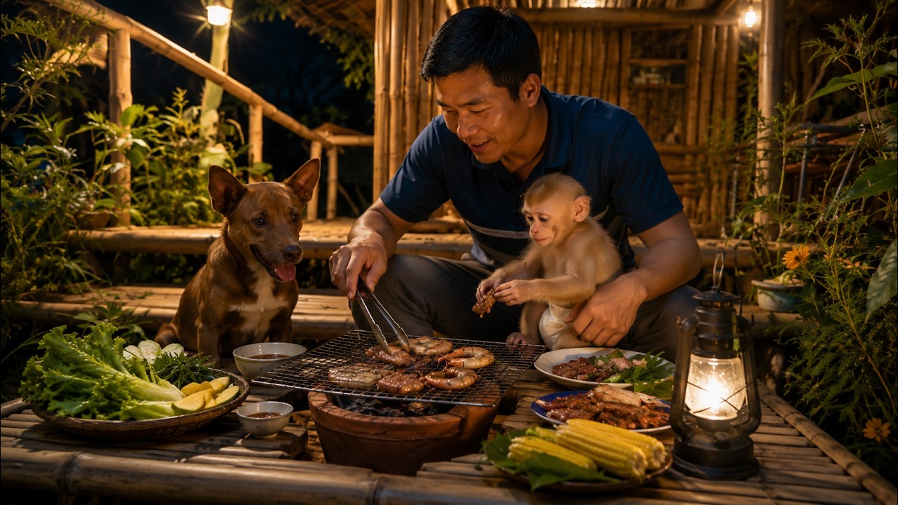 Dad Minh Prepared a BBQ for Baby Monkey Baba... The Night Turned Out Perfect!