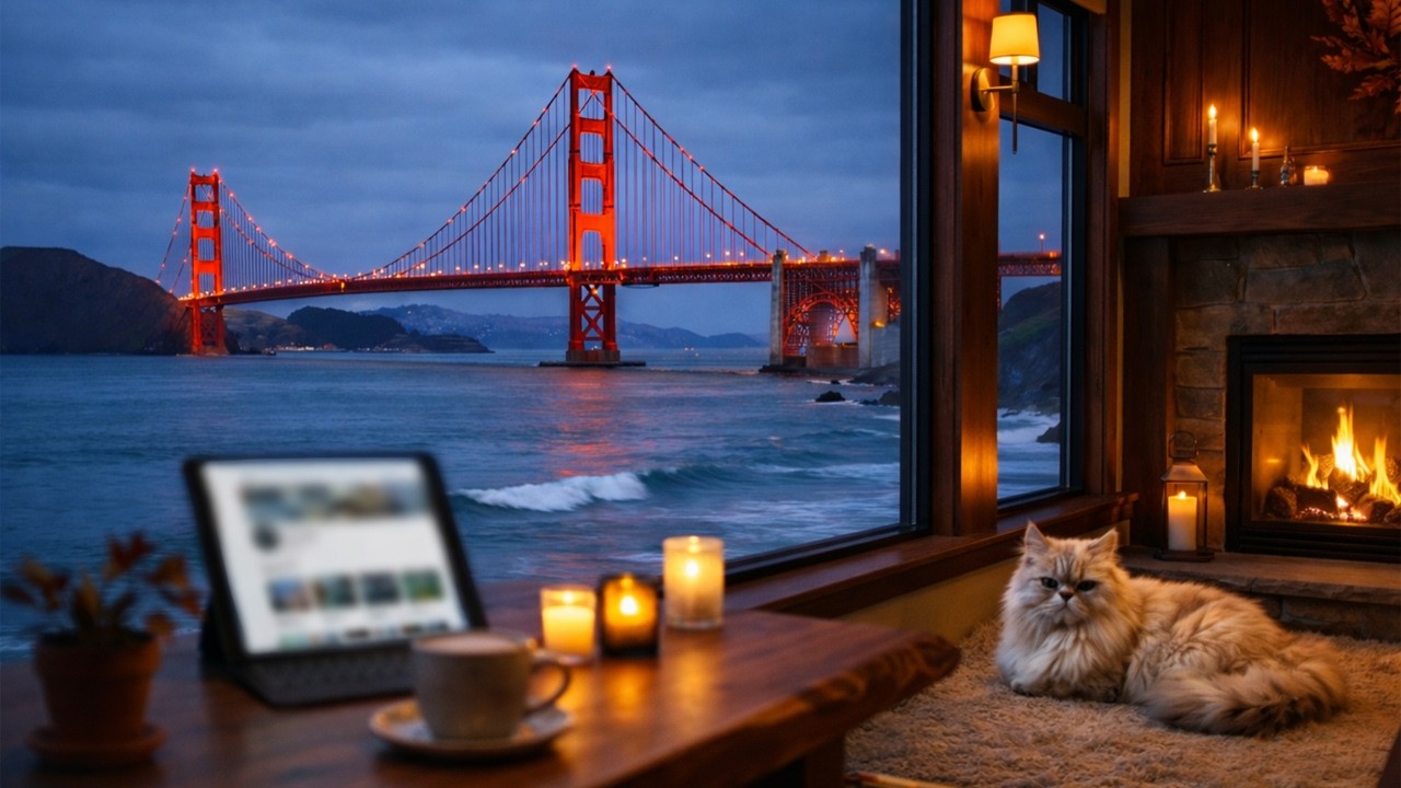 Golden Gate Evening Cafe ☕🔥 Ocean Waves & Cozy Fireplace Jazz