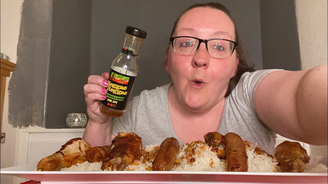 Jerk BBQ Chicken with Rice #eatingshow #ukmukbang Mukbang