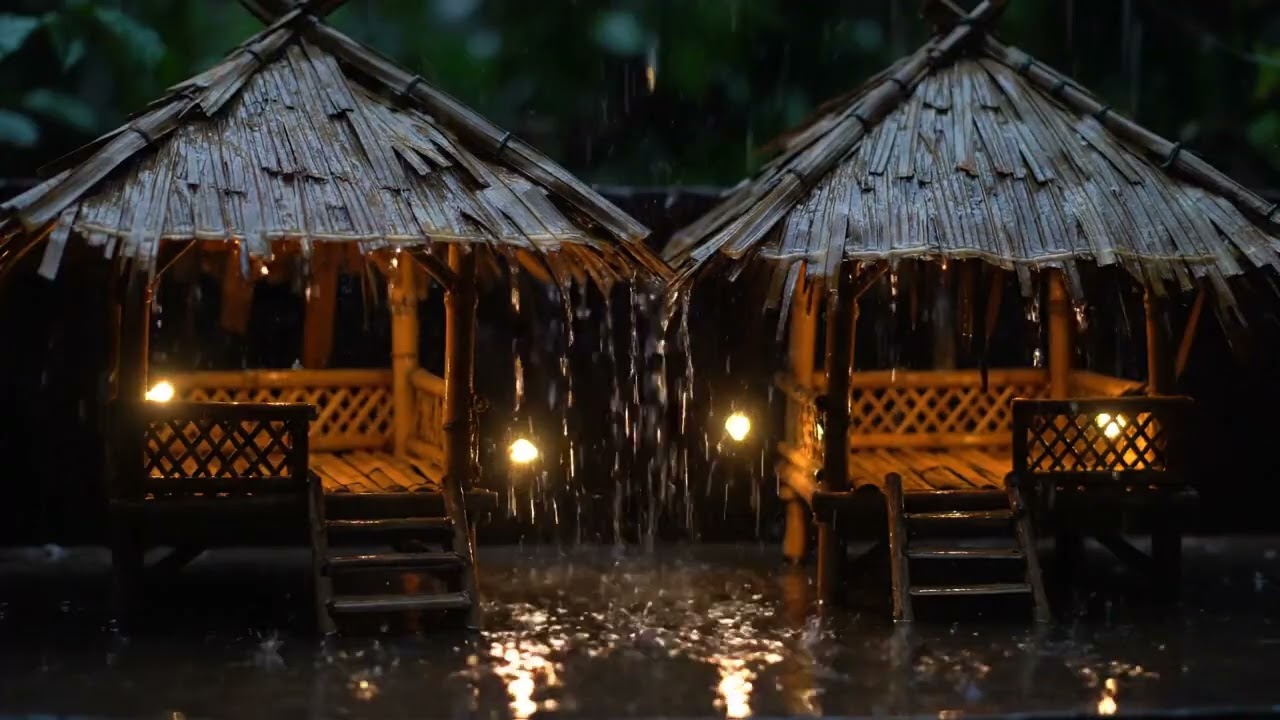 🌧️ Heavy Rain Falling on Traditional Wooden Huts | Peaceful Night Ambience 🌙