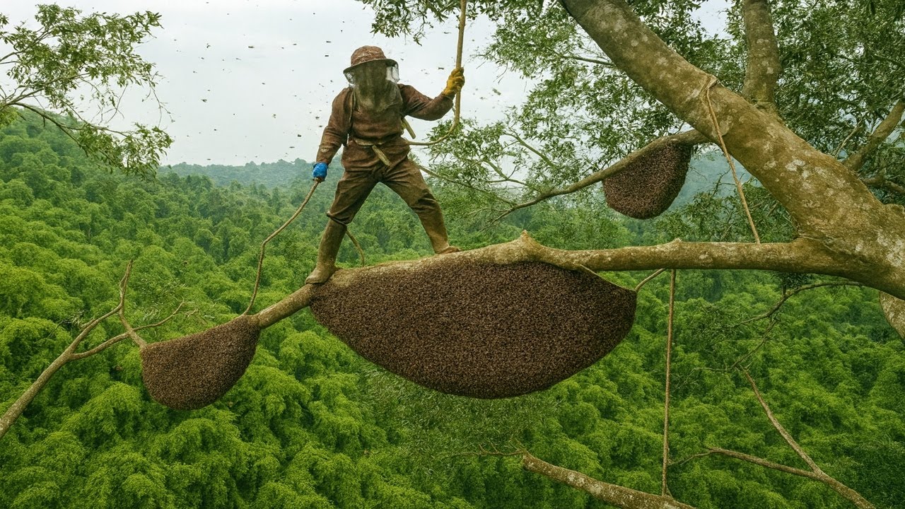 Amazing Hunting Process of Wild Jungle Bees  Incredible Method of Honey Extraction From Forest Hives