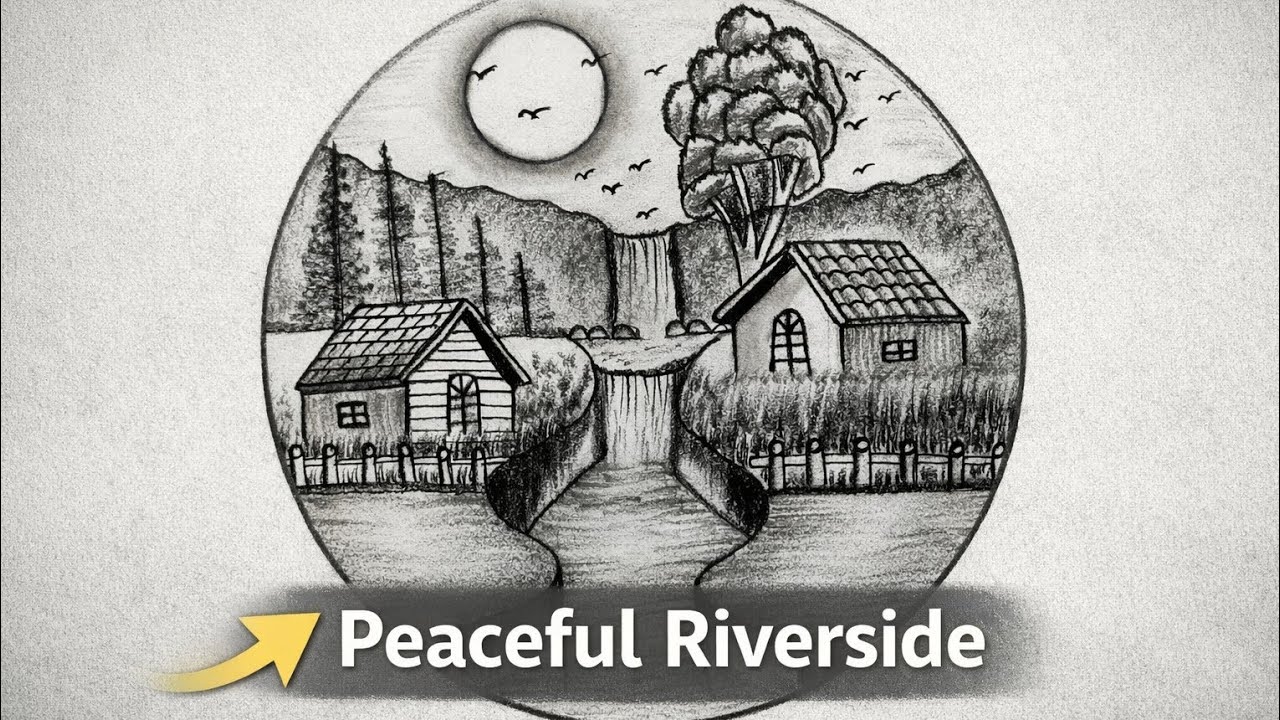Peaceful Riverside Village Scenery Drawing | Pencil Art