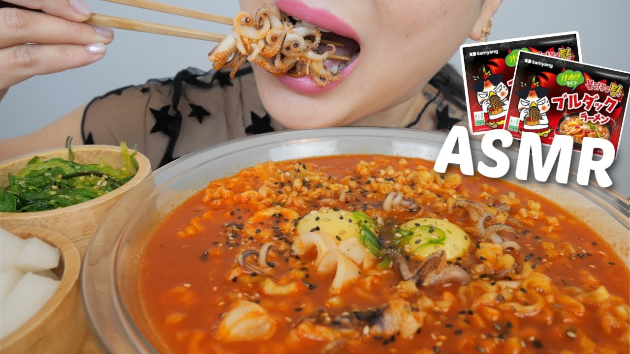 SPICY Samyang Stew Type Ramen Korean Noodle with Squid and Egg Yolk *ASMR No Talking Eating Sounds