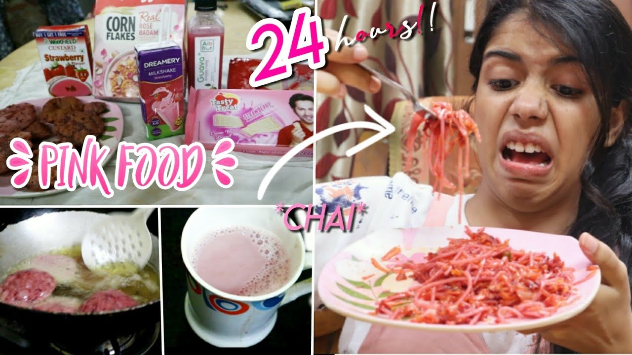 I only ate PINK food for 24 HOURS challenge!!!