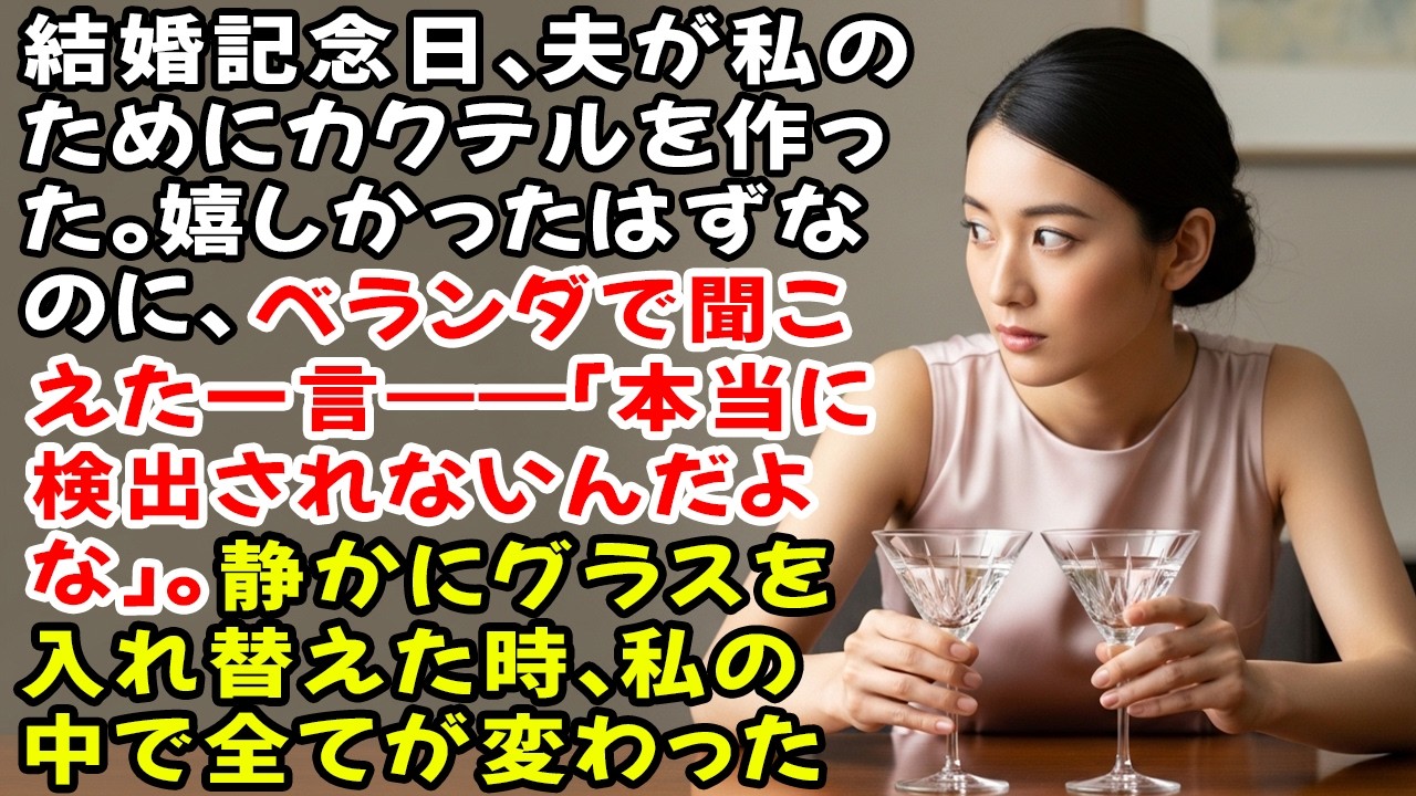 結婚記念日、夫が私のためにカクテルを作った。嬉しかったはずなのに、ベランダで聞こえた一言――「本当に検出されないんだよな」。静かにグラスを入れ替えた時、私の中で全てが変わった