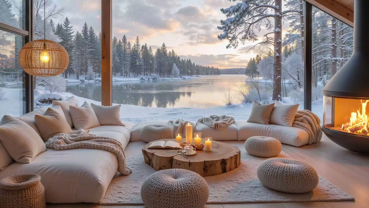 Cozy Winter Cabin ❄️ Fireplace & Snowy Lakeside Ambience with Soft Piano Music for Relaxation
