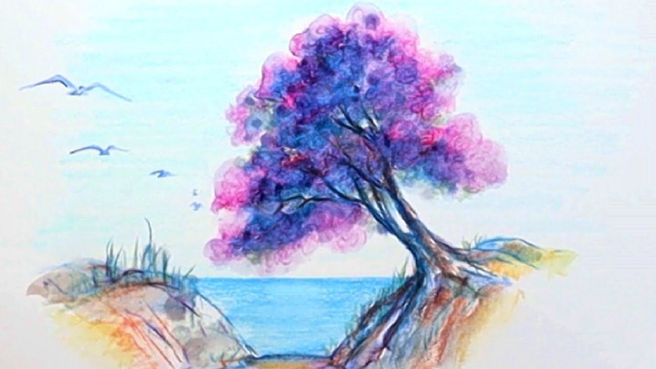 Como desenhar uma ÁRVORE FLORIDA - Lápis de cor aquarelável!