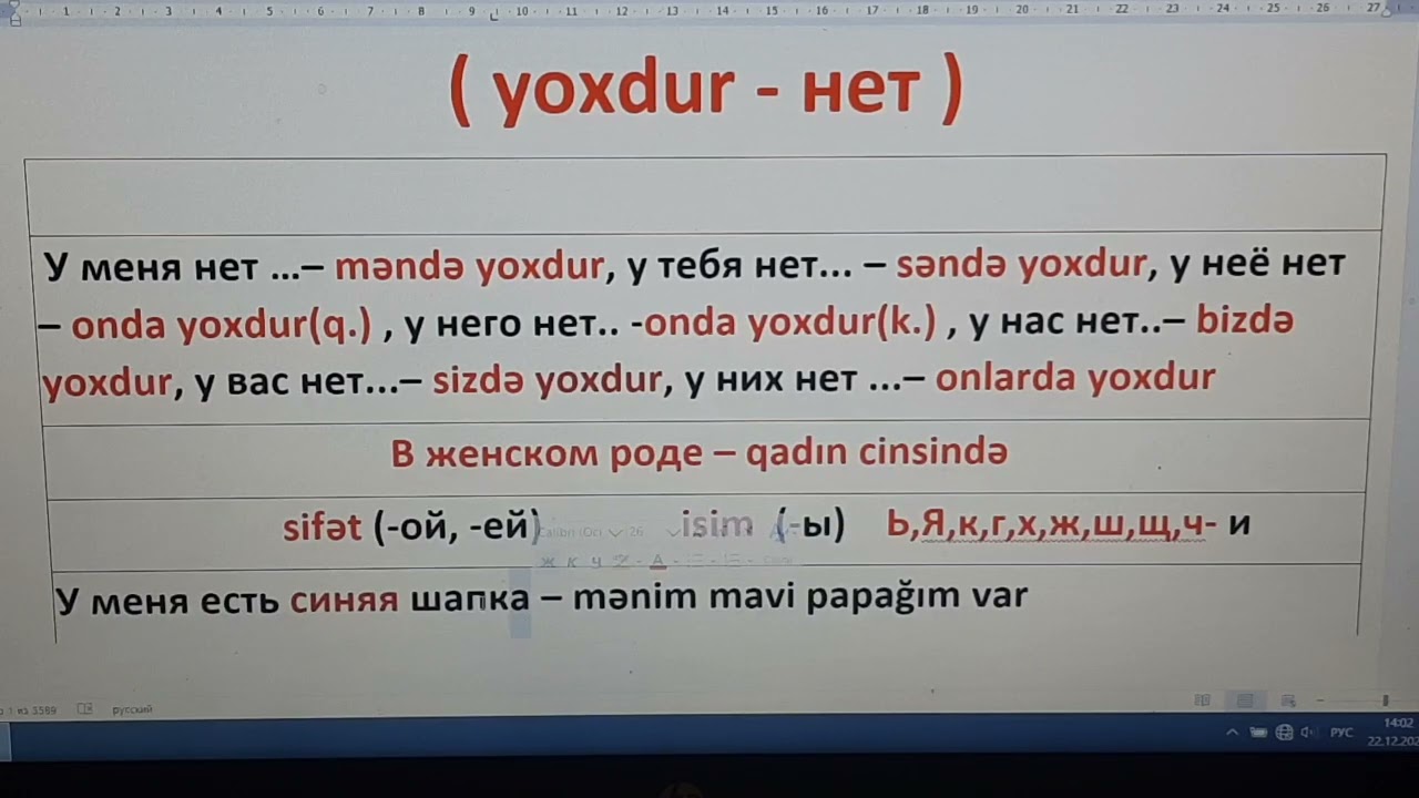 11 dərs. Yoxdur - нет. Cümlənin inkar formada qurulması. Fifət + isim qadın cinsində