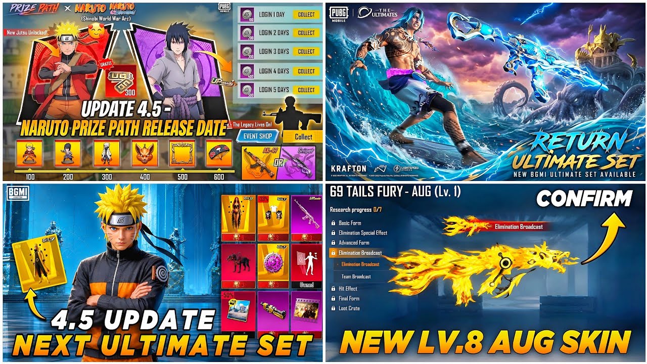 🔴 NARUTO PRIZE PATH REWARDS 4.5 ✅ TIDAL EMBRACE M416 RETURN 🔥 NEXT ULTIMATE SET 🤩 NEW LV.8 AUG SKIN