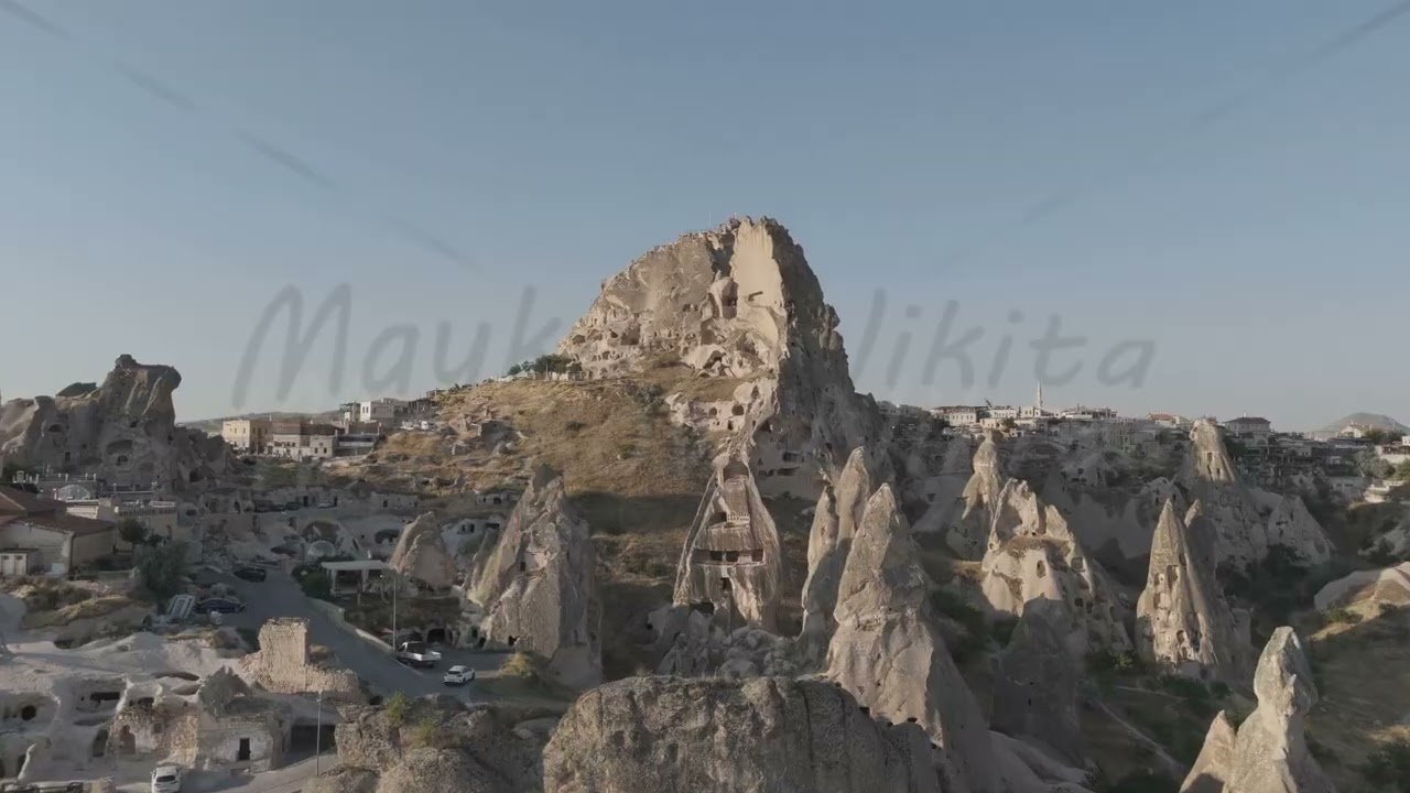 D-Log M. Uchisar, Nevsehir, Turkey. Aerial perspective from Uchisar Castle showing breathtaking p...