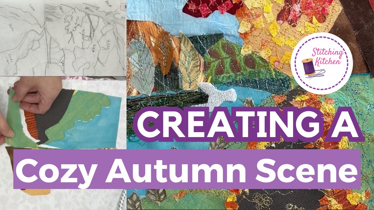 An autumnal scene from fabric using bond-a-web to create a collage.