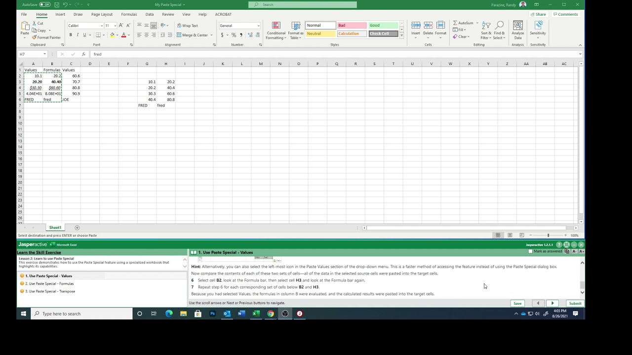 Excel Lesson 2c Using Paste Special