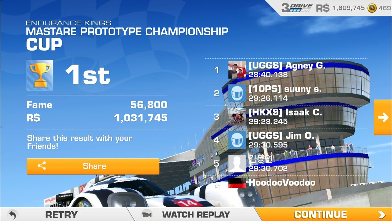R$ 1,000,000, 56800 FAME Real Racing 3- 10 Laps on LeMans