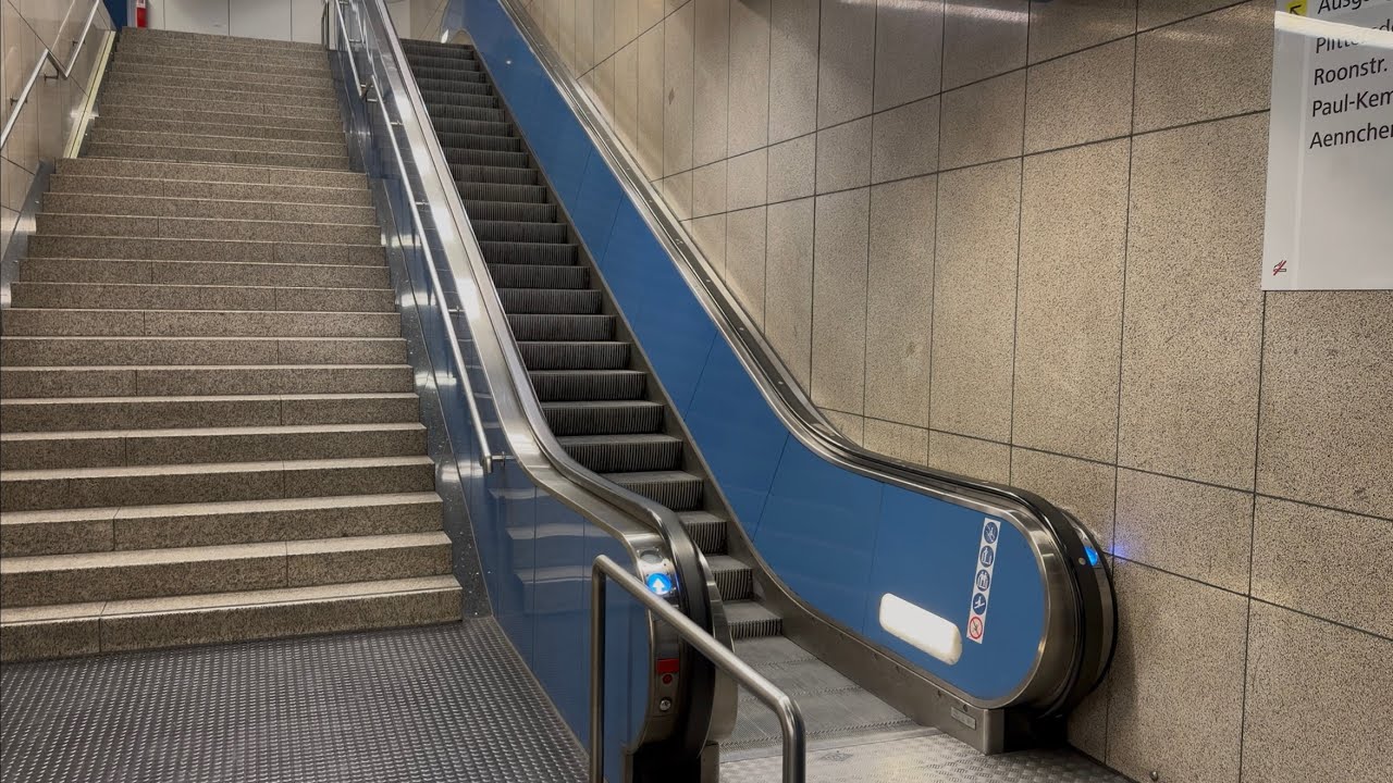 Bonn, Germany. 3x Escalator ride at Plittersdorfer Straße Stadtbahn station. O&K RT-HD & TKE Tugela 