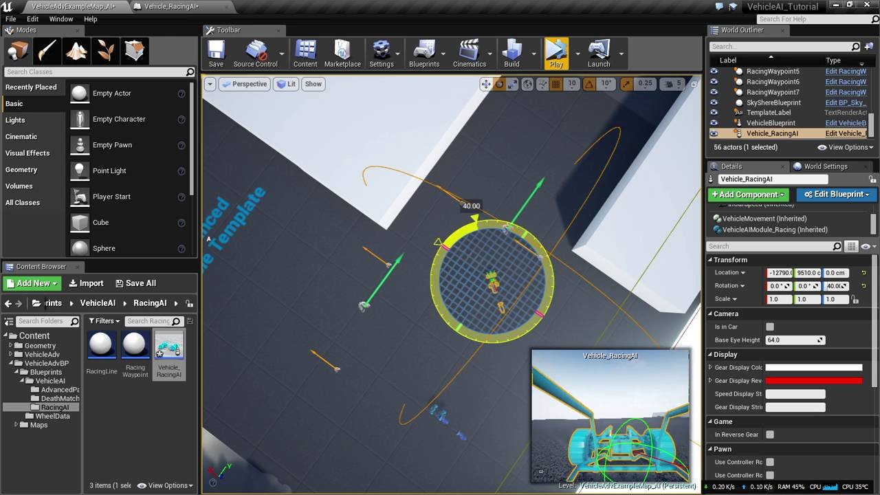 UE4 BlueMan_VehicleAI Tutorial #2 Racing AI