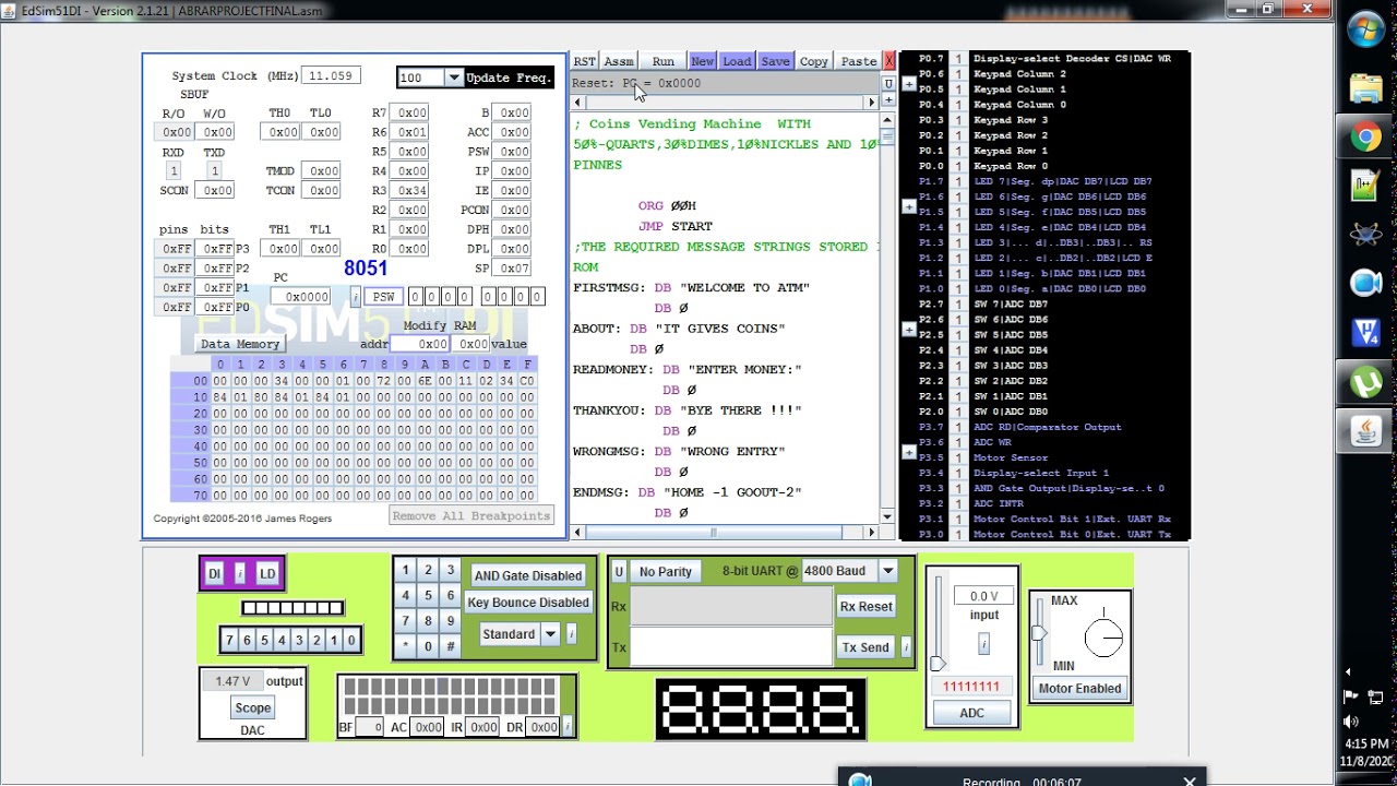 COIN VENDING MACHINE MODEL CODE IN EDSIM-51 USING 8051 ALP