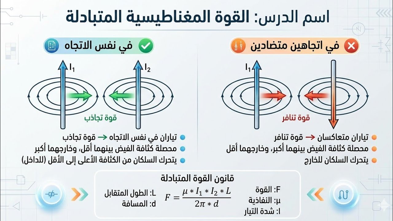 الحصة 9 / القوة المغناطيسية المتبادلة بين موصلين والمغناطيسية الطبيعية/ توجيهي فصل ثاني