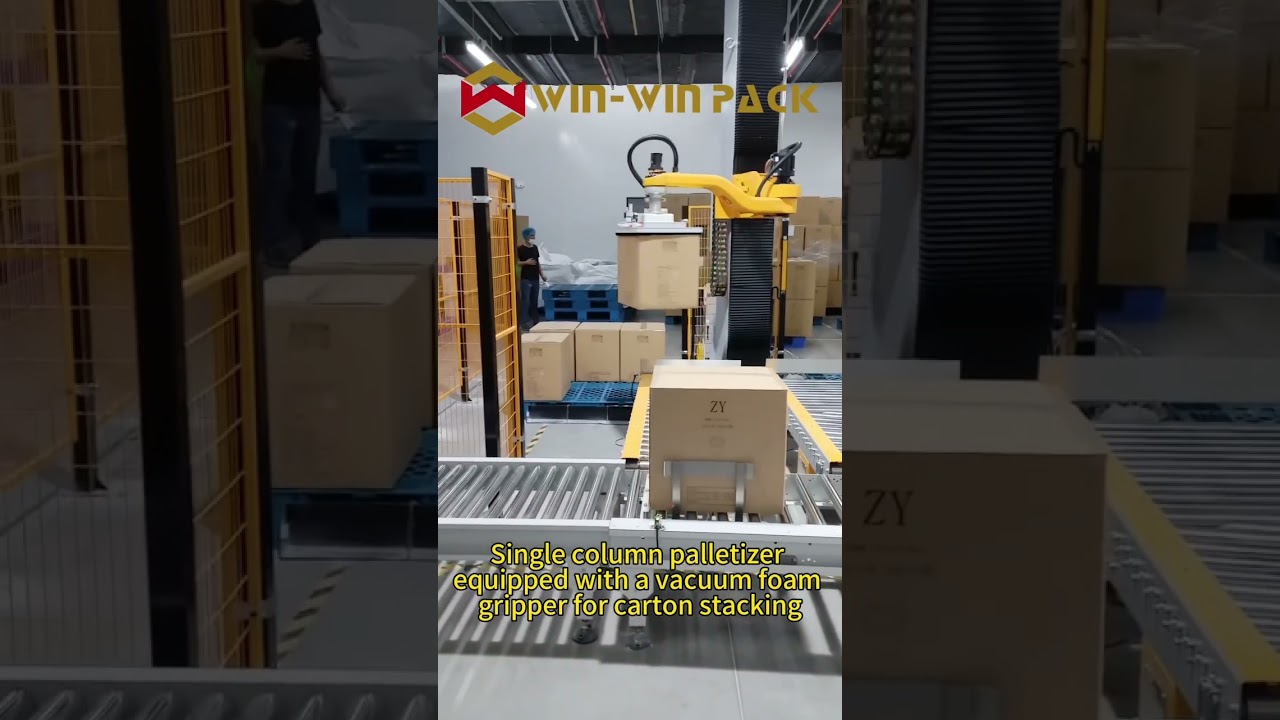 Single column palletizer equipped with a vacuum foam gripper for carton stacking #palletizer #shorts