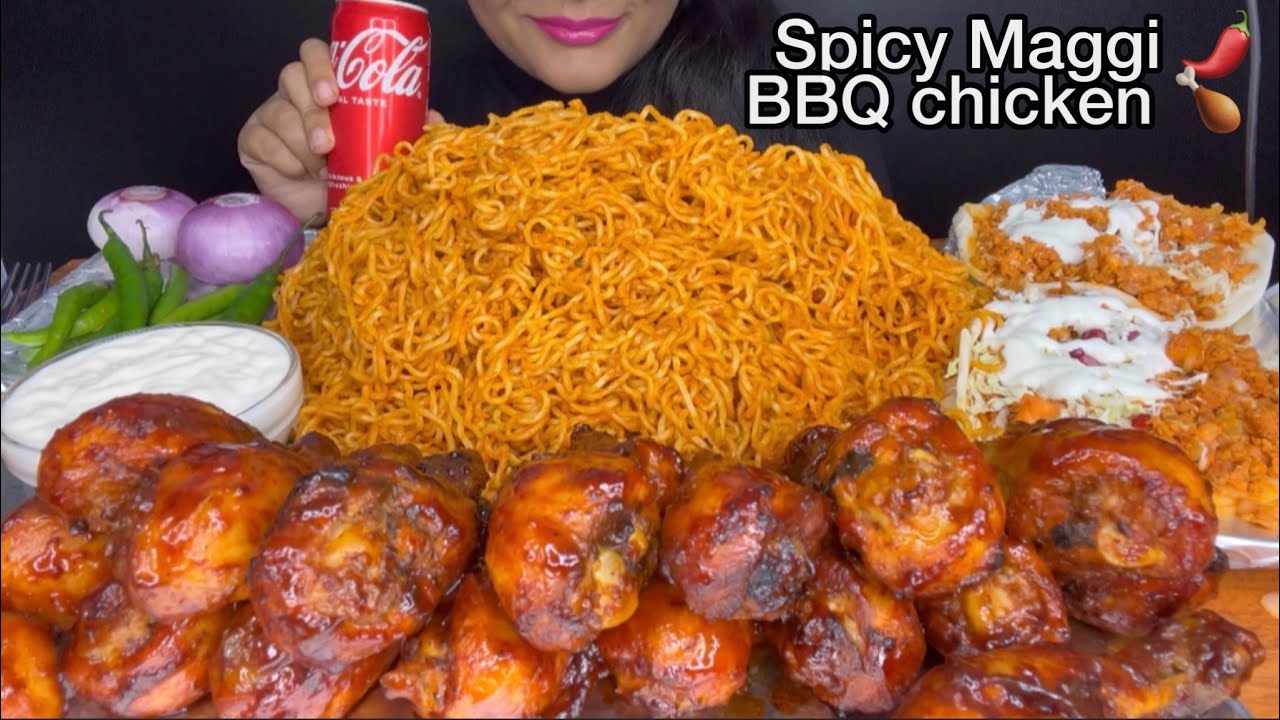 ASMR EATING SPICY* MAGGI NOODLES, BARBECUE CHICKEN LEG PIECE,SHAWARMA,GREEN CHILLI *FOOD CHALLENGE