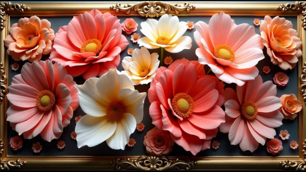Multicolored Flowers 3D animated Floral background framed picture for TV Screen Saver