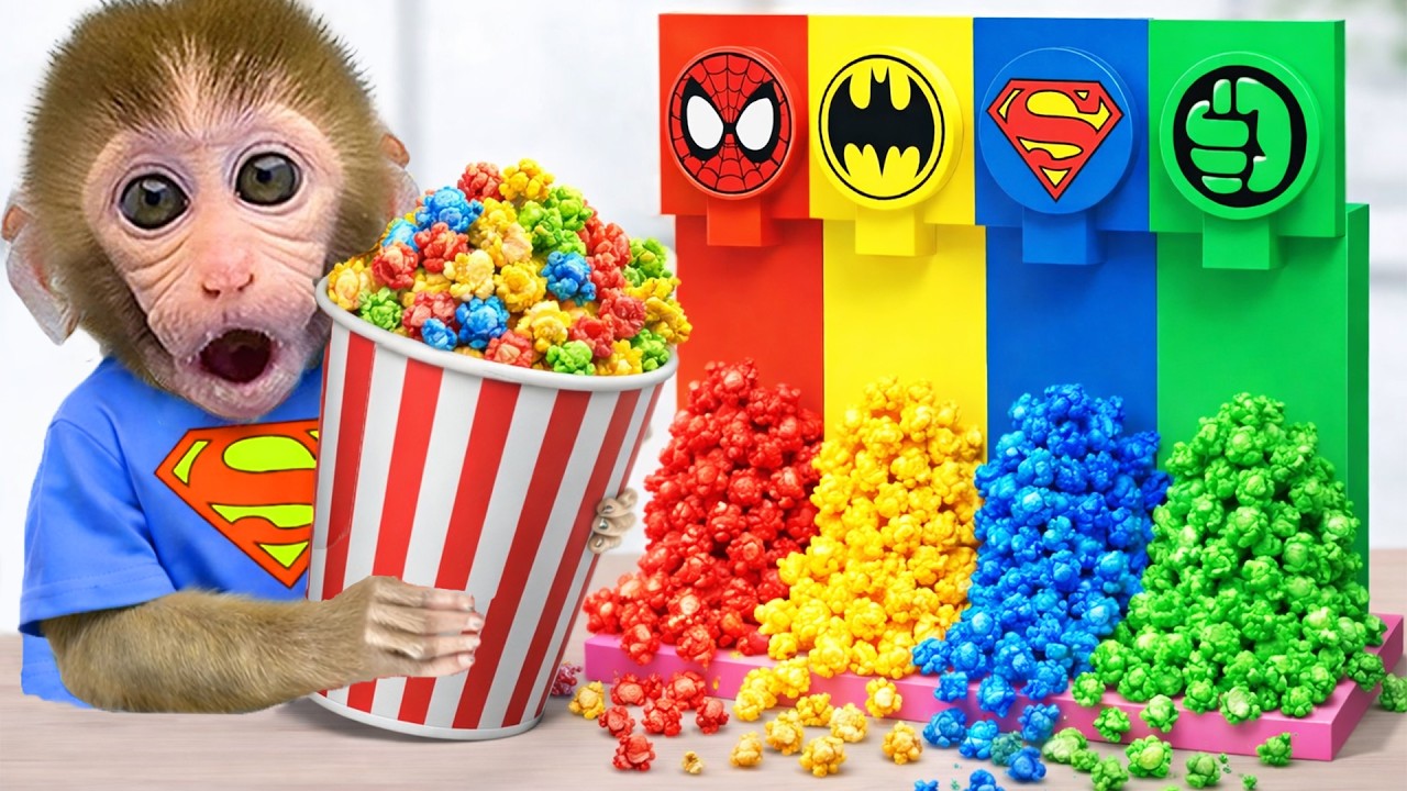 Macaquinho Bon Bon prepara pipoca colorida de super herói na cozinha