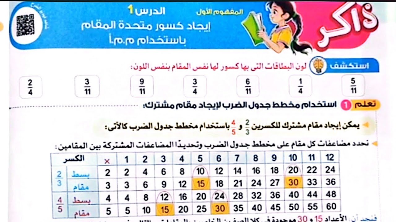 شرح درس(إيجاد كسور متحدة المقام باستخدام م.م.أ)وحل تدريبات الأضواء2025/الصف الخامس/ترم تاني