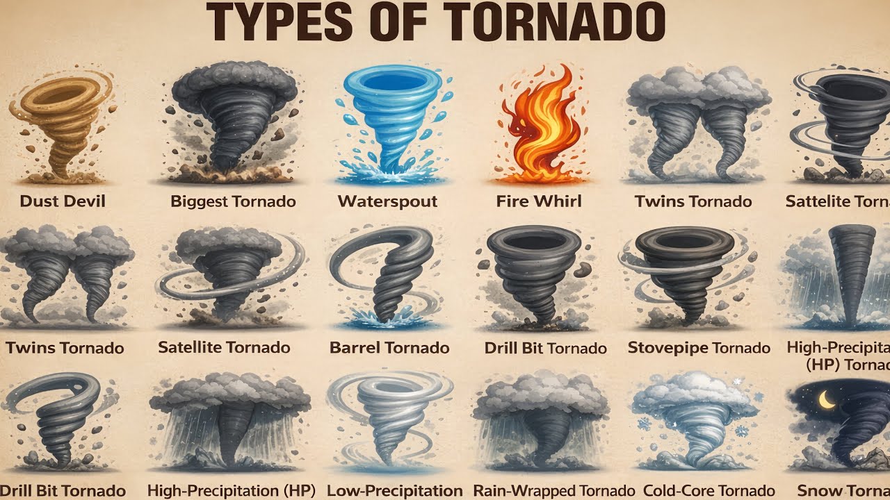 Types of Tornado Poster – Dust Devil, Waterspout, Fire Whirl, Satellite, HP, LP & Snow Tornado 
