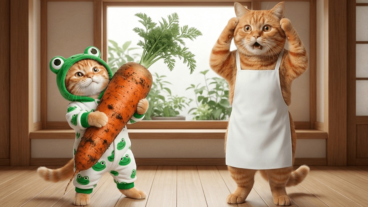 Ginger Kitten Finds a Giant Carrot at Mama Cat&rsquo;s Farm &ndash; Everyone Is Surprised! 🐱🥕