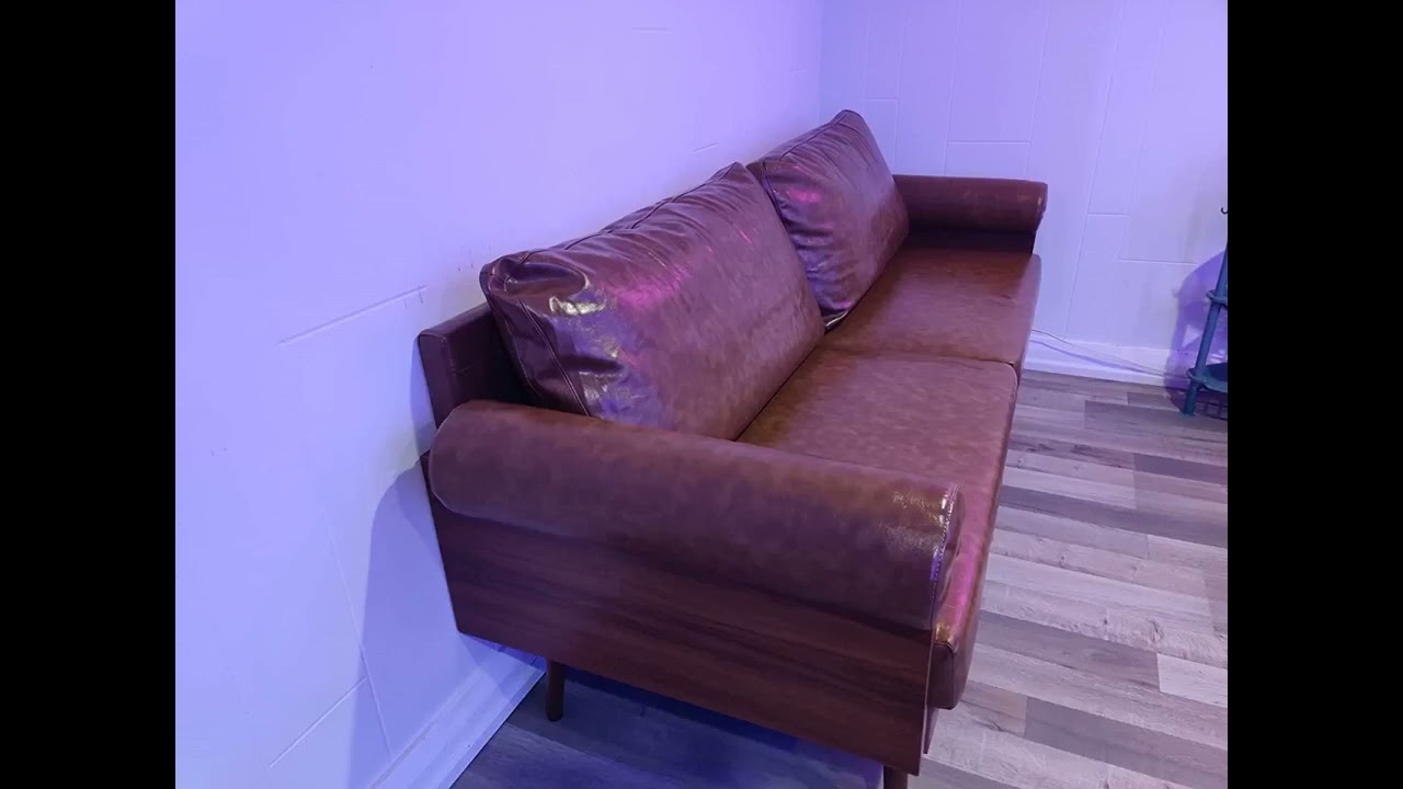 Vonanda Faux Leather Sofa Couch, 73'' Mid-Century Modern 3 Seater Sofa with Rivet on Armrests and 2